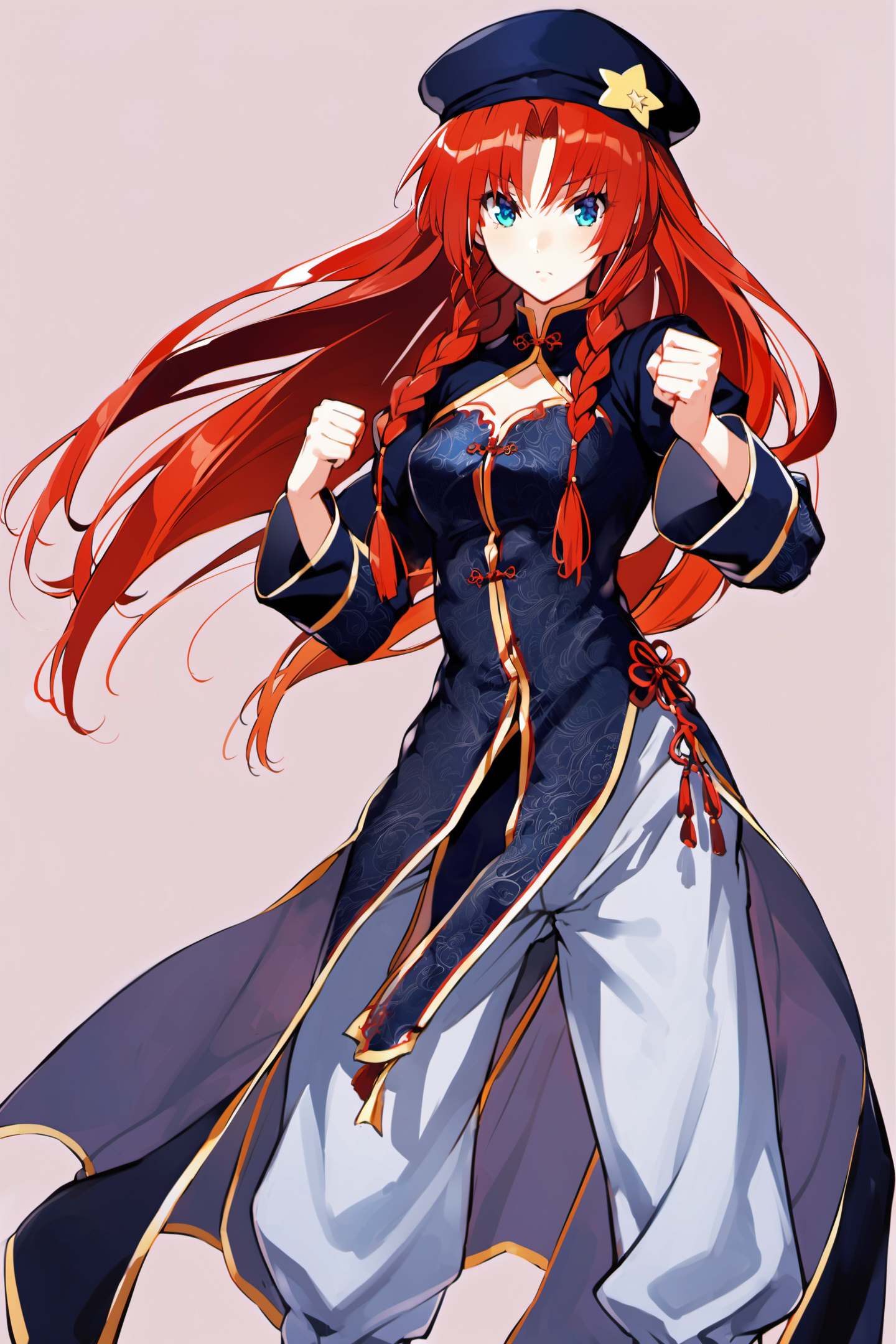 23873-2476234124-1girl, solo, hong meiling, long hair, red hair, hat, braid, twin braids, blue eyes, star (symbol), chinese clothes, pants, alter.png